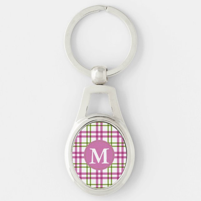 Monogram Rosa och Grönt Tartan Mönster Ovalt Silverfärgad Nyckelring (Framsidan)