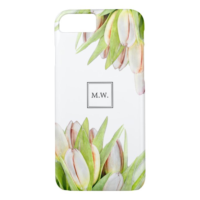 Monogram Rosa och Grönt Tulips vattenfärg Case-Mate iPhone Skal (Baksida)