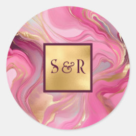Monogram Rosa och Guld MarLED Bröllop Runt Klistermärke