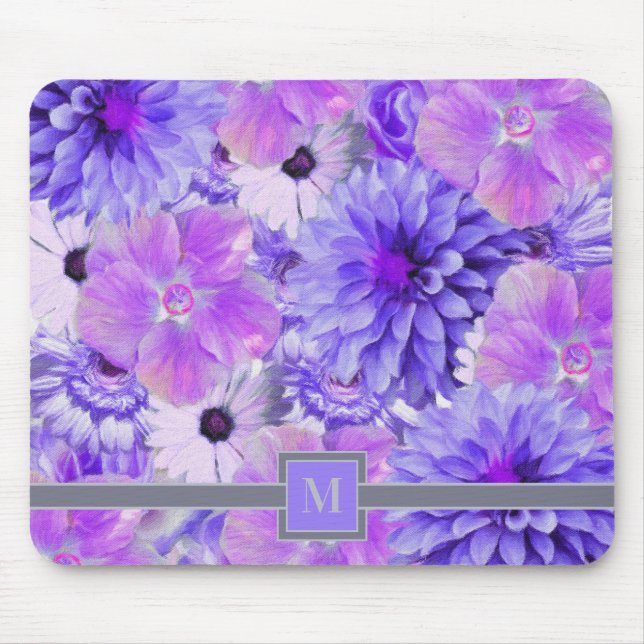 Monogram Rosa och Lila Målad Blomma Musmatta (Framsidan)
