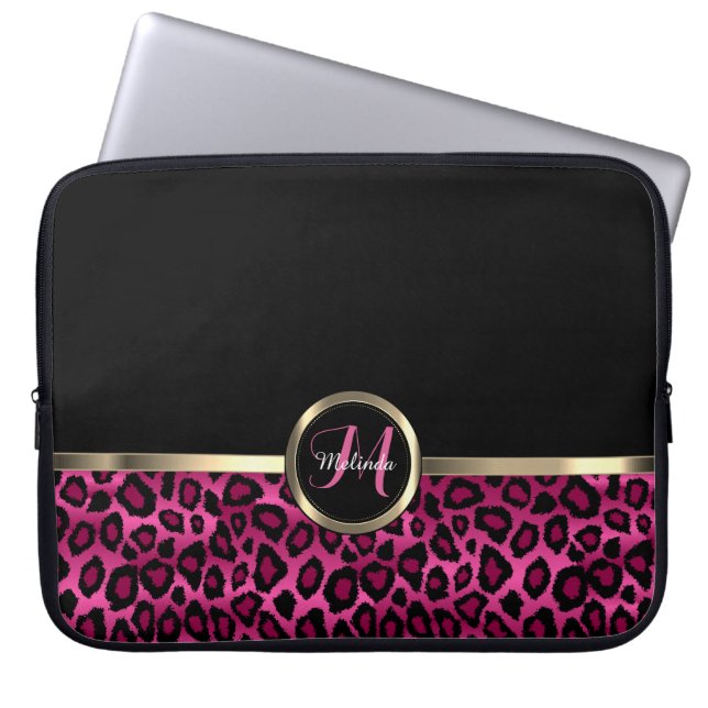 Monogram Rosa och svart Leopard med Guld-accenter Laptop Fodral (Framsidan)