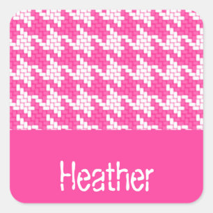 Monogram rosa och vit houndstooth mönster fyrkantigt klistermärke