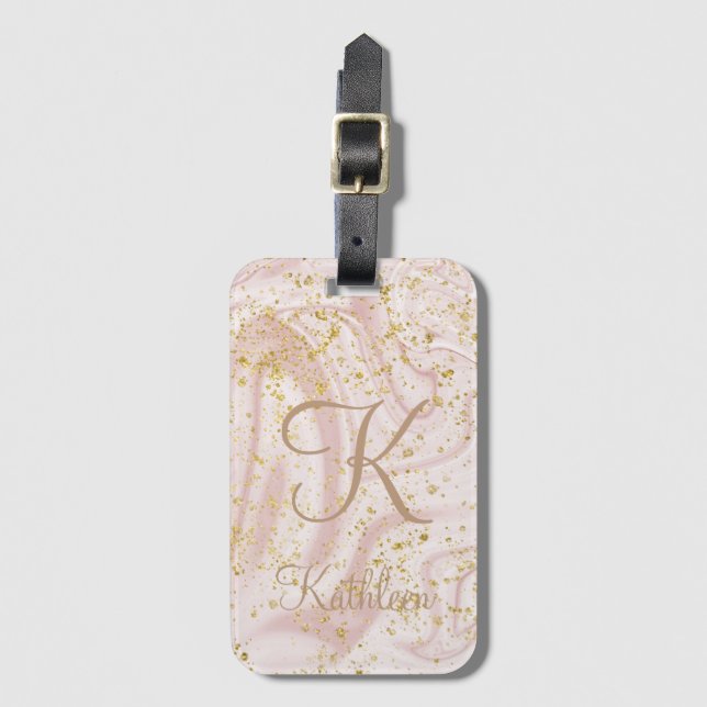 Monogram Rosa och vit Marble Swirl Guld Glitter Bagagebricka (Framsida vertikal)