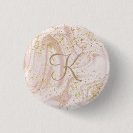 Monogram Rosa och vit Marble Swirl Guld Glitter Knapp