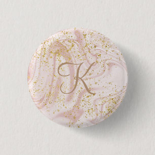 Monogram Rosa och vit Marble Swirl Guld Glitter Knapp