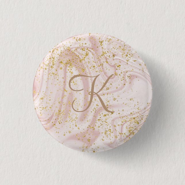 Monogram Rosa och vit Marble Swirl Guld Glitter Knapp (Framsida)