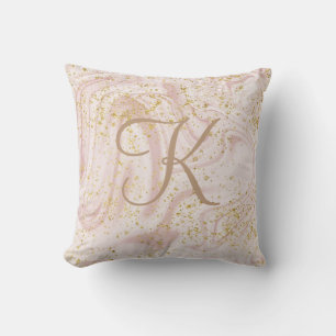 Monogram Rosa och vit Marble Swirl Guld Glitter Kudde