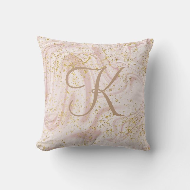 Monogram Rosa och vit Marble Swirl Guld Glitter Kudde (Framsida)