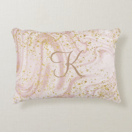 Monogram Rosa och vit Marble Swirl Guld Glitter Prydnadskudde