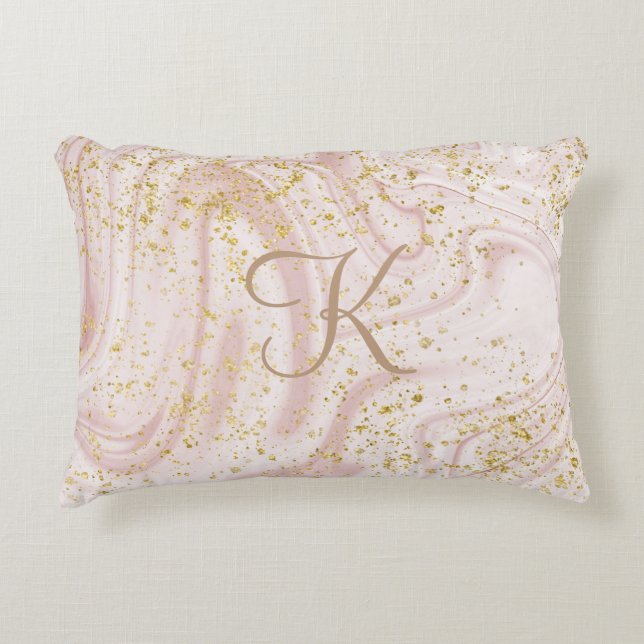 Monogram Rosa och vit Marble Swirl Guld Glitter Prydnadskudde (Framsidan)