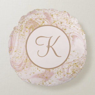 Monogram Rosa och vit Marble Swirl Guld Glitter Rund Kudde