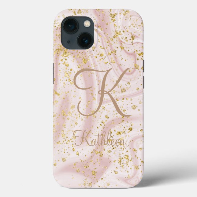 Monogram Rosa och Vit Marmor Virvel Guld Glitter (Baksida)