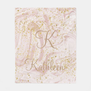 Monogram Rosa och Vit Marmor Virvel Guld Glitter Fleecefilt