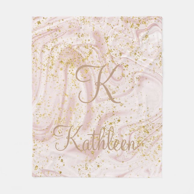 Monogram Rosa och Vit Marmor Virvel Guld Glitter Fleecefilt (Framsidan)