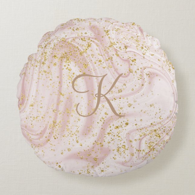 Monogram rosa och vit marmorvirvel guldglitter rund kudde (Framsidan)