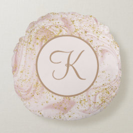 Monogram rosa och vit marmorvirvel guldglitter rund kudde