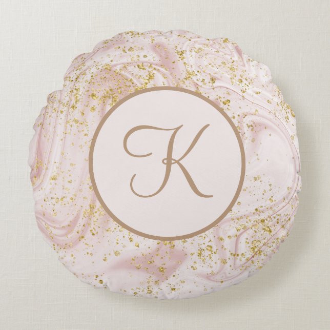 Monogram rosa och vit marmorvirvel guldglitter rund kudde (Framsidan)
