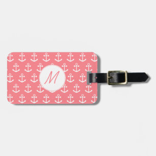 Monogram Rosa och vit nautisk ankare Bagagebricka