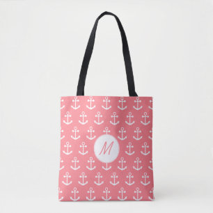 Monogram Rosa och vit nautisk ankare Tygkasse
