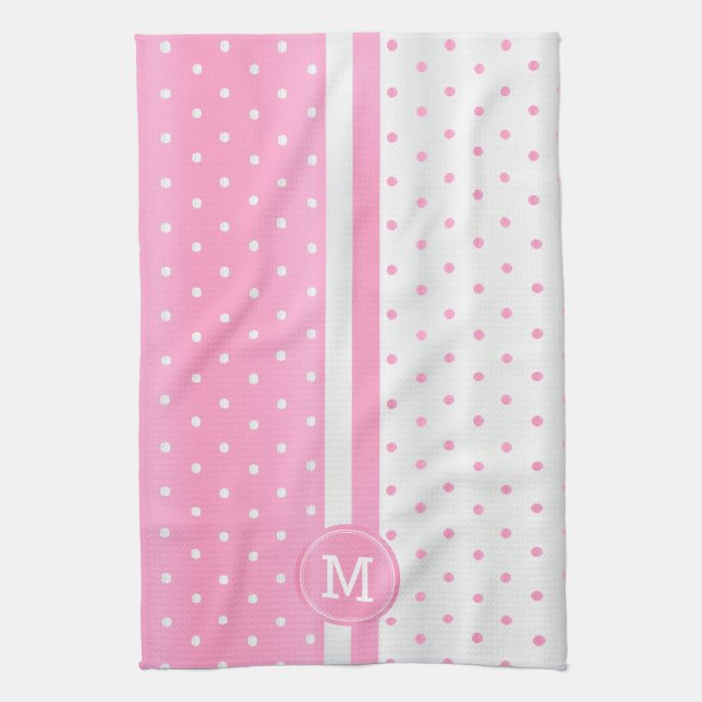 Monogram Rosa och vit polkadot Kökshandduk (Vertikal)