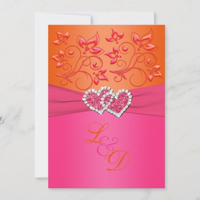 Monogram Rosa, Orange Blommigt Gått med Hearts Inb Inbjudningar (Framsida)