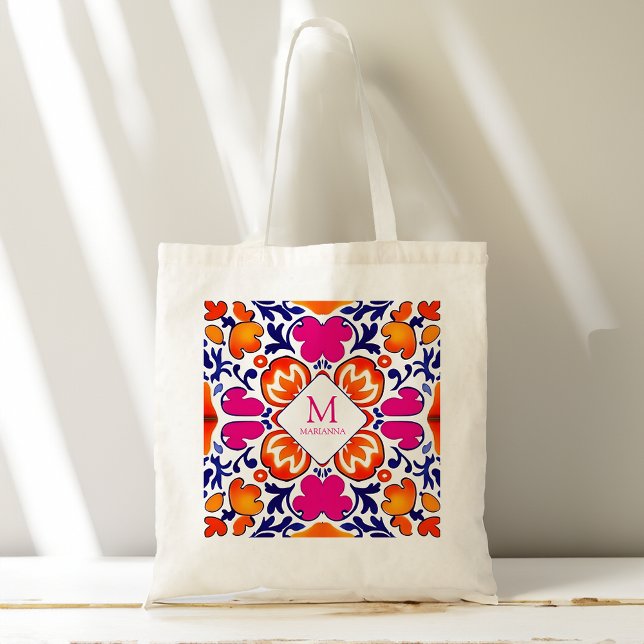 Monogram Rosa orange blue brudens sida favoriserar Tygkasse (Monogram Pink orange blue bridal party favors Tote Bag)
