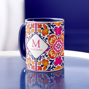 Monogram Rosa orange blue mexikanska plattor Mugg