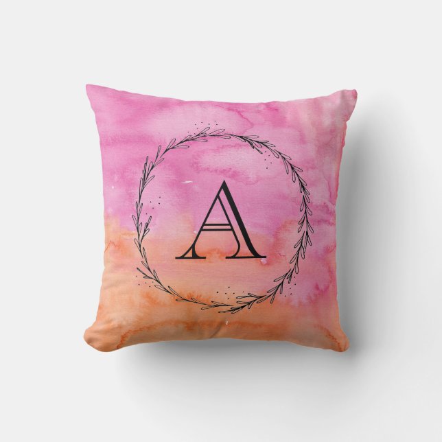 Monogram Rosa Orange Vattenfärg Pillow-inledande Kudde (Framsida)