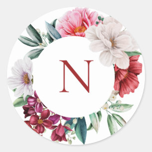 Monogram Rosa Peonies Classic Round Sticker Runt Klistermärke