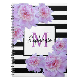 Monogram Rosa Peony Flower Black Rand Lila Anteckningsbok