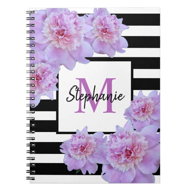 Monogram Rosa Peony Flower Black Rand Lila Anteckningsbok (Framsidan)
