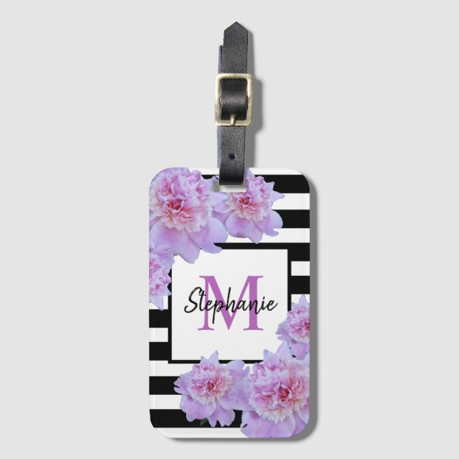 Monogram Rosa Peony Flower Black Rand Lila Bagagebricka (Framsida vertikal)