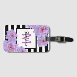 Monogram Rosa Peony Flower Black Rand Lila Bagagebricka