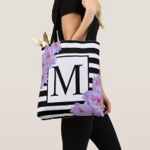 Monogram Rosa Peony Flower Black Rand Tote Bag