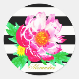 Monogram Rosa Peony på Black & White Round Sticker Runt Klistermärke