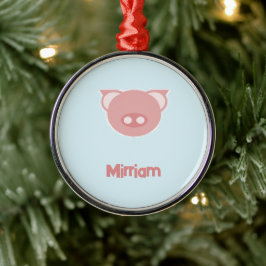 Monogram rosa piglet på blått julgransprydnad metall