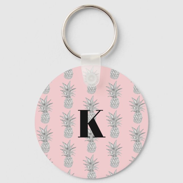 Monogram Rosa Pineapple Tropical Mönster Nyckelring (Framsida)