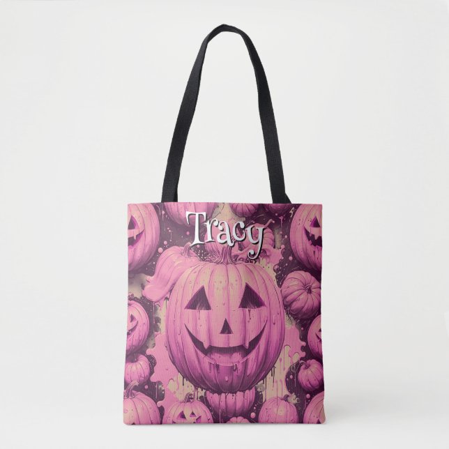 Monogram Rosa Pumpkin Halloween Tygkasse (Framsida)