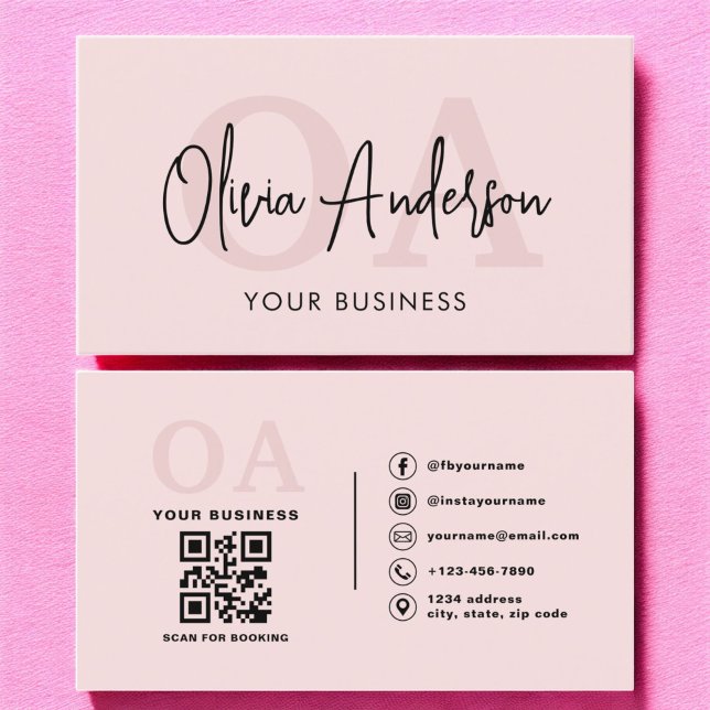 Monogram  Rosa QR-kod Modern Minimalist Visitkort (Skapare uppladdad)