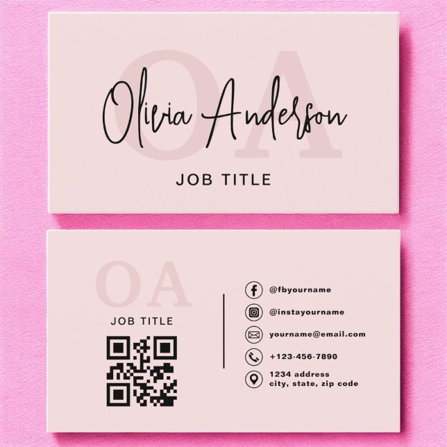 Monogram  Rosa QR-kod Modern Minimalist Visitkort (Skapare uppladdad)