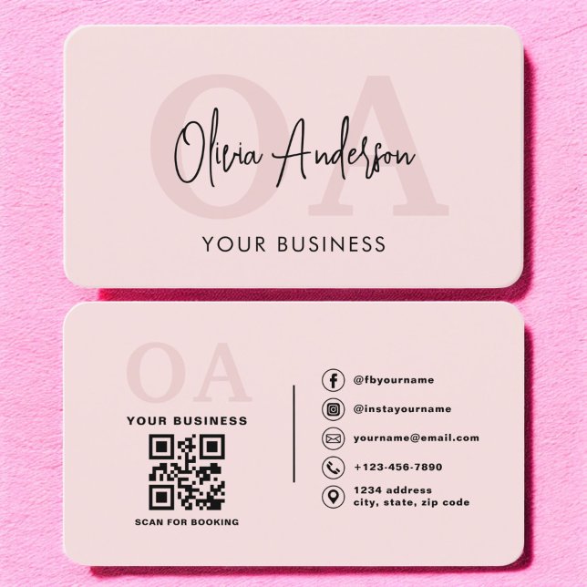 Monogram  Rosa QR-kod Modern Minimalist Visitkort (Skapare uppladdad)