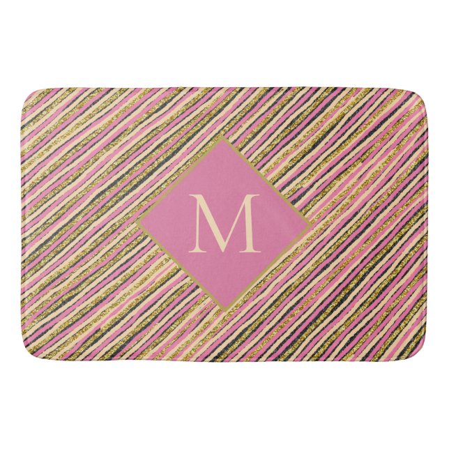 Monogram Rosa Rand Guld Gnistra Glitter Badrumsmatta (Framsidan)