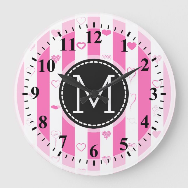 Monogram Rosa Rand Modern Heart Mönster Stor Klocka (Framsida)