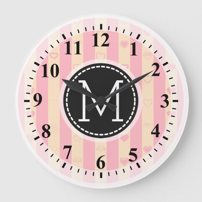 Monogram Rosa Rand Modern Heart Mönster Stor Klocka (Framsida)