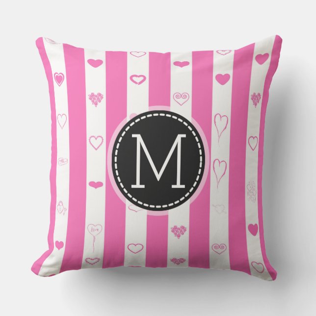 Monogram rosa ränder modern hjärtmönster kudde (Framsida)