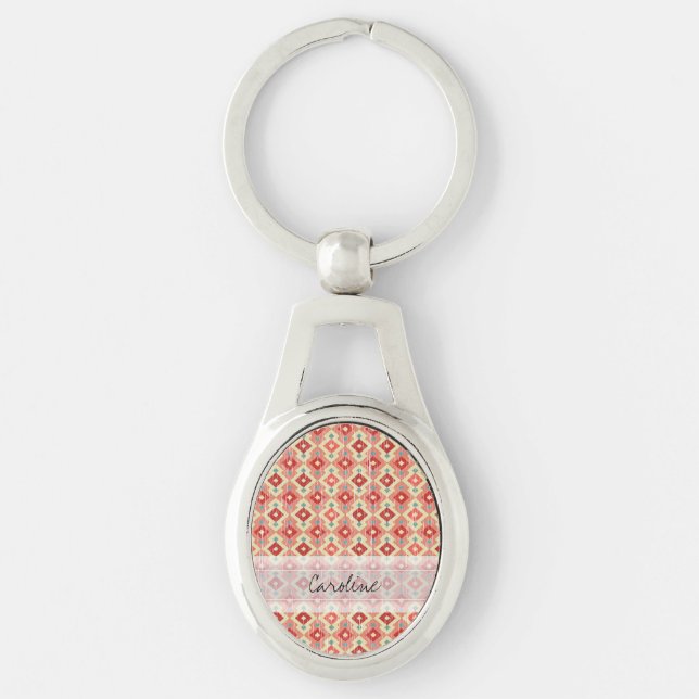 Monogram Rosa Red Geo Tribal Ikat Diamond Mönster Ovalt Silverfärgad Nyckelring (Framsidan)