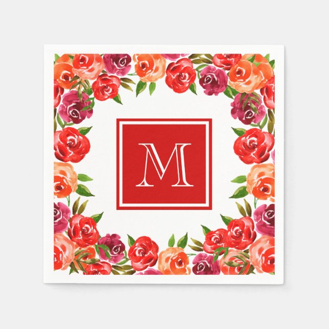 Monogram Rosa Red Orange Flowers Pappersservett (Framsidan)