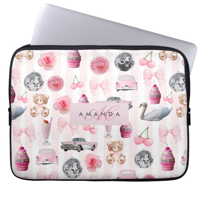 Monogram  Rosa Retro Disco Boll Coquette Laptop Fodral (Framsidan)