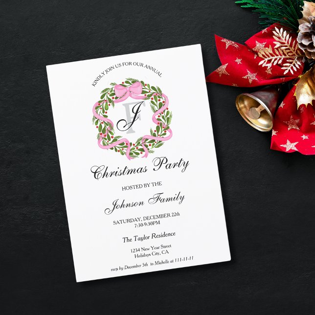 Monogram Rosa Ribbon God jul Party Inbjudningar (christmas wreath with pink bow ribbon)