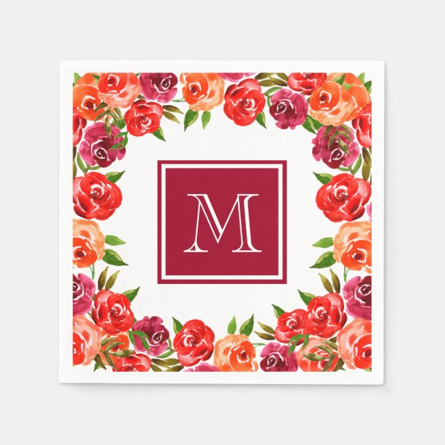 Monogram Rosa Röd Orange Blommor Pappersservett (Framsidan)